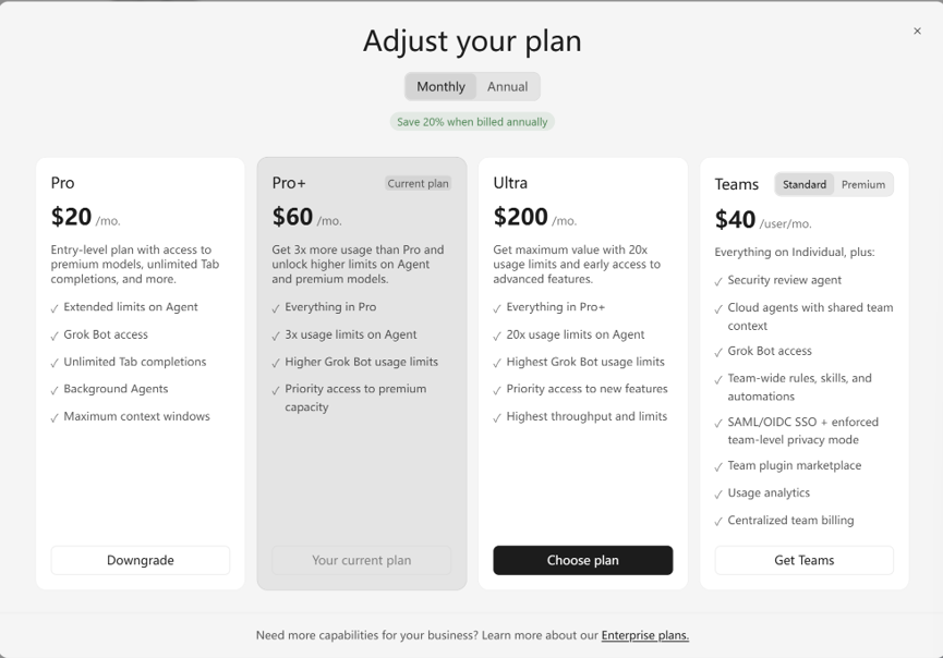 套餐选择界面 Adjust your plan — Pro / Pro+ / Ultra / Teams